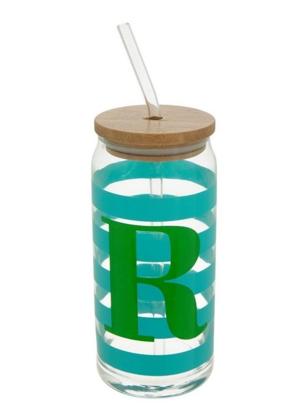 Personalized Green Monogram 'R' Glass Straw Tumbler with Bamboo Lid